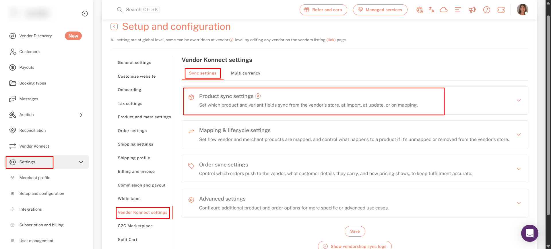 Product sync setting