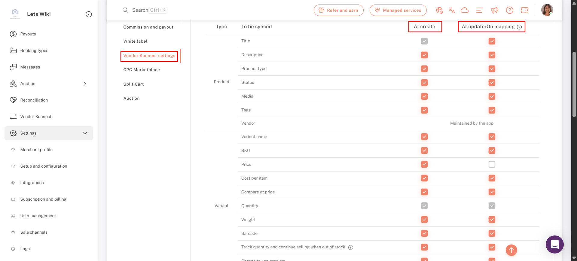 Product sync settings options