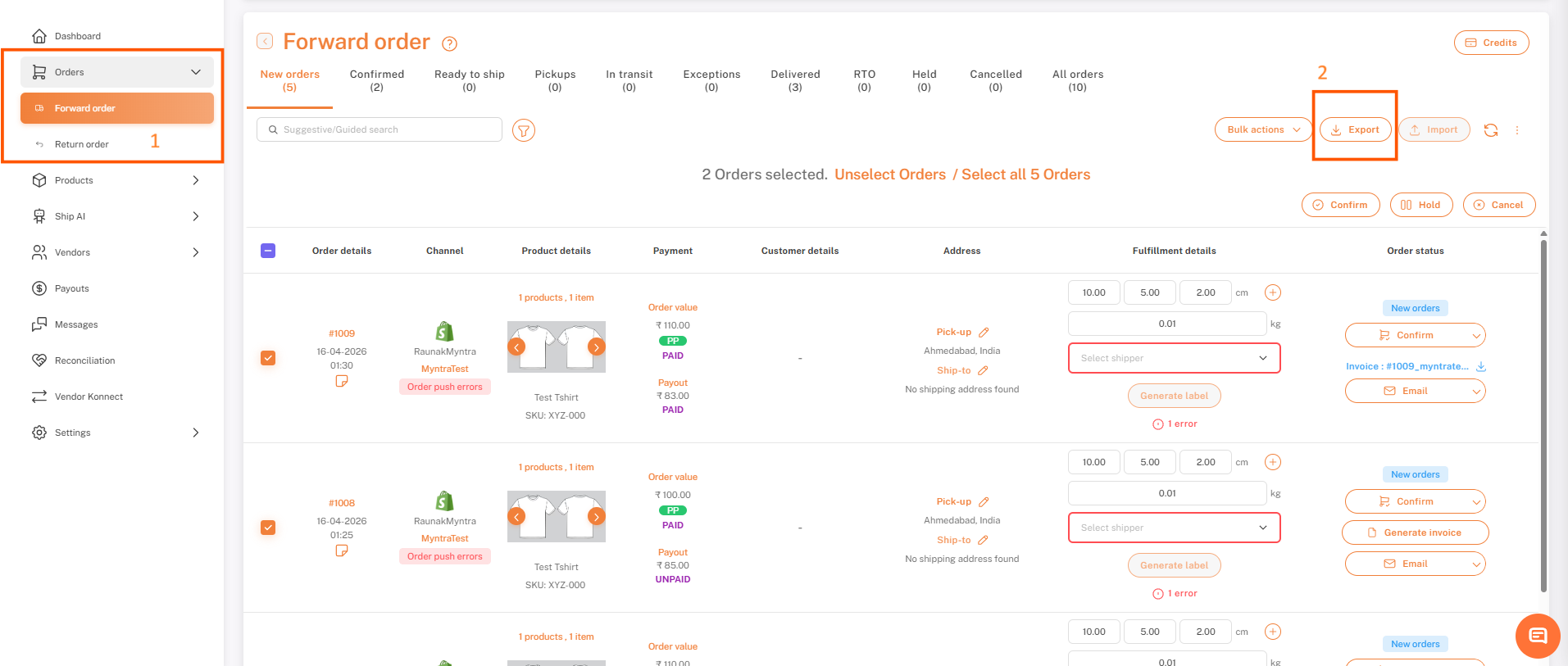 excel export for orders 