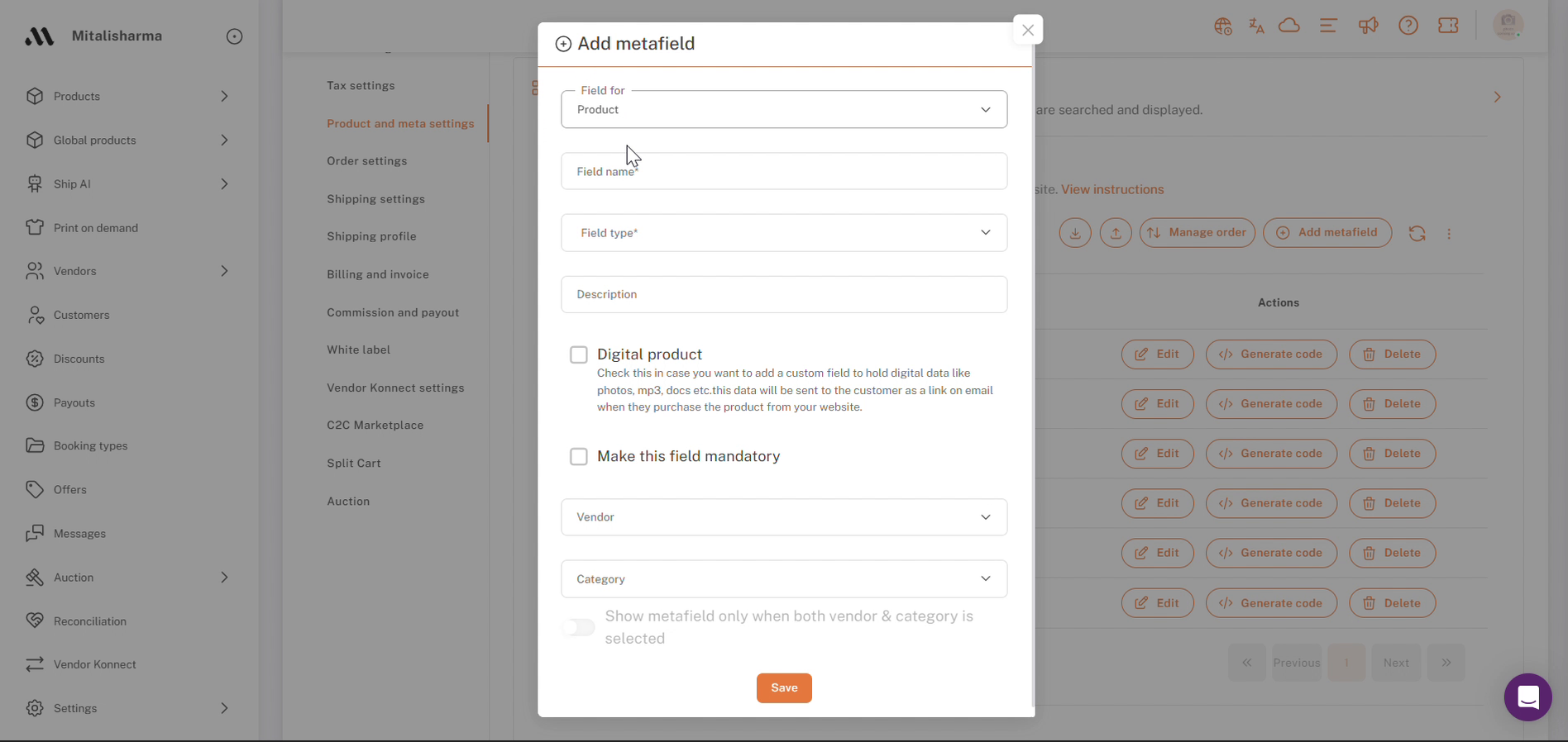 Metafields settings → Add metafield: field details and visibility options