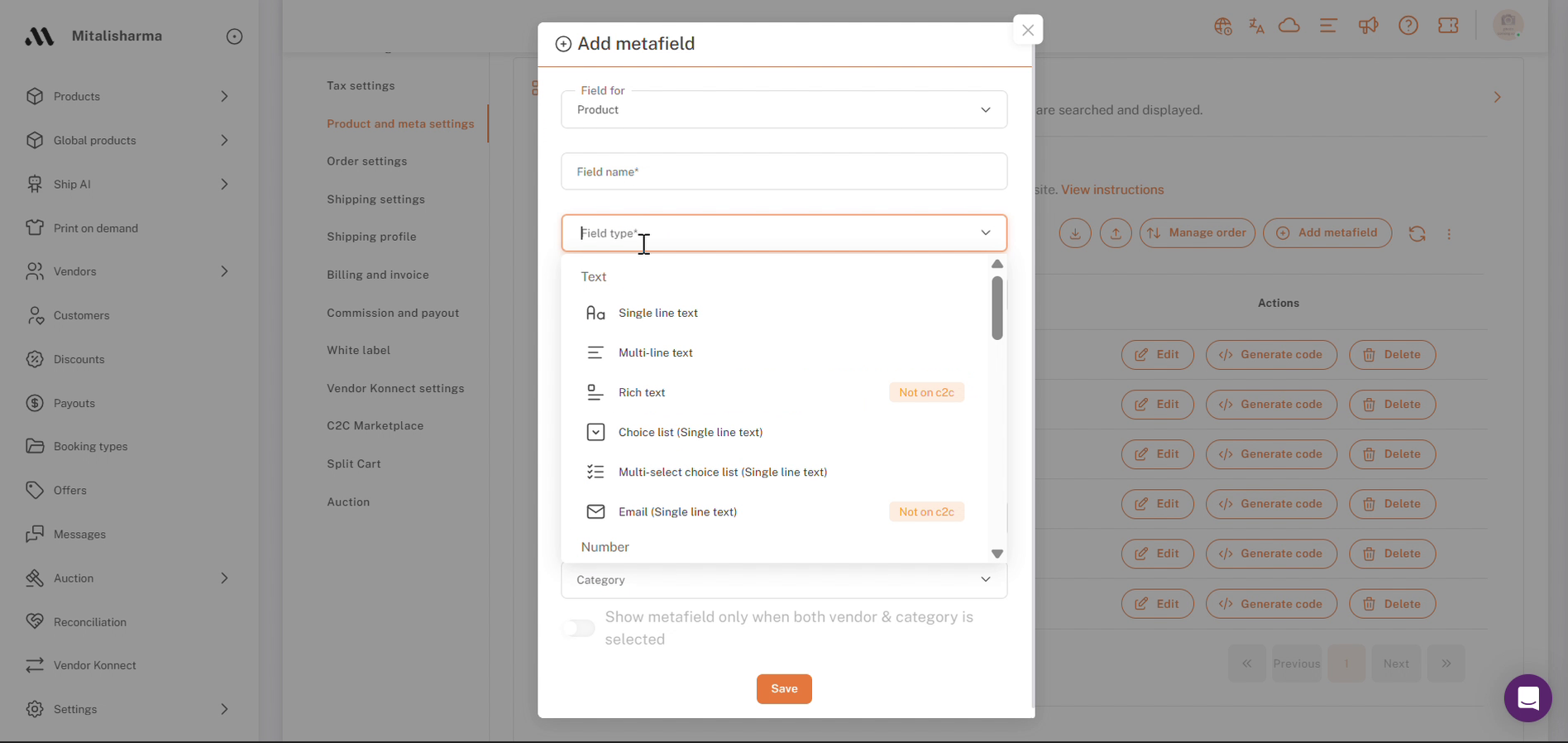 Add metafield: Field type dropdown