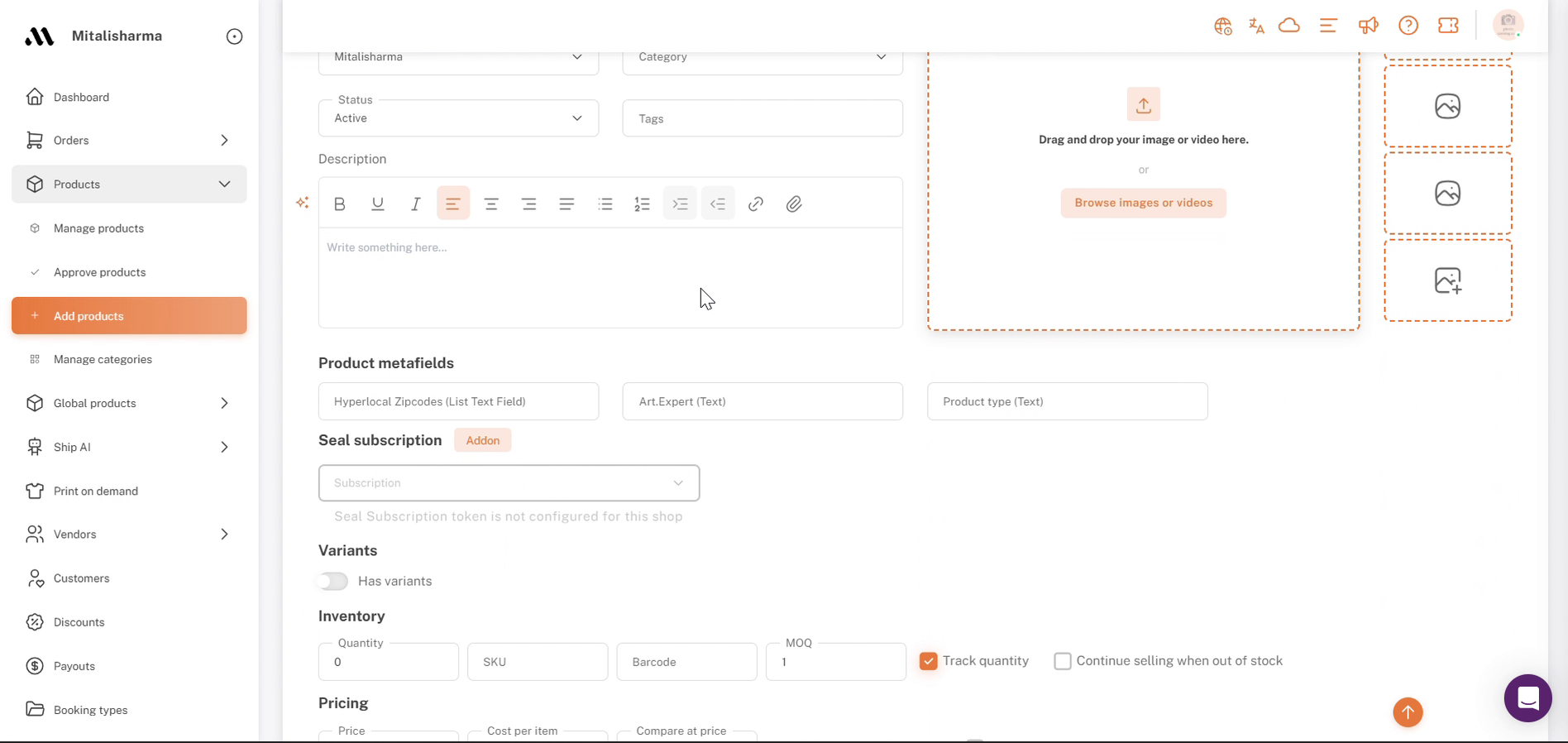 Products → Add products: Product metafields section
