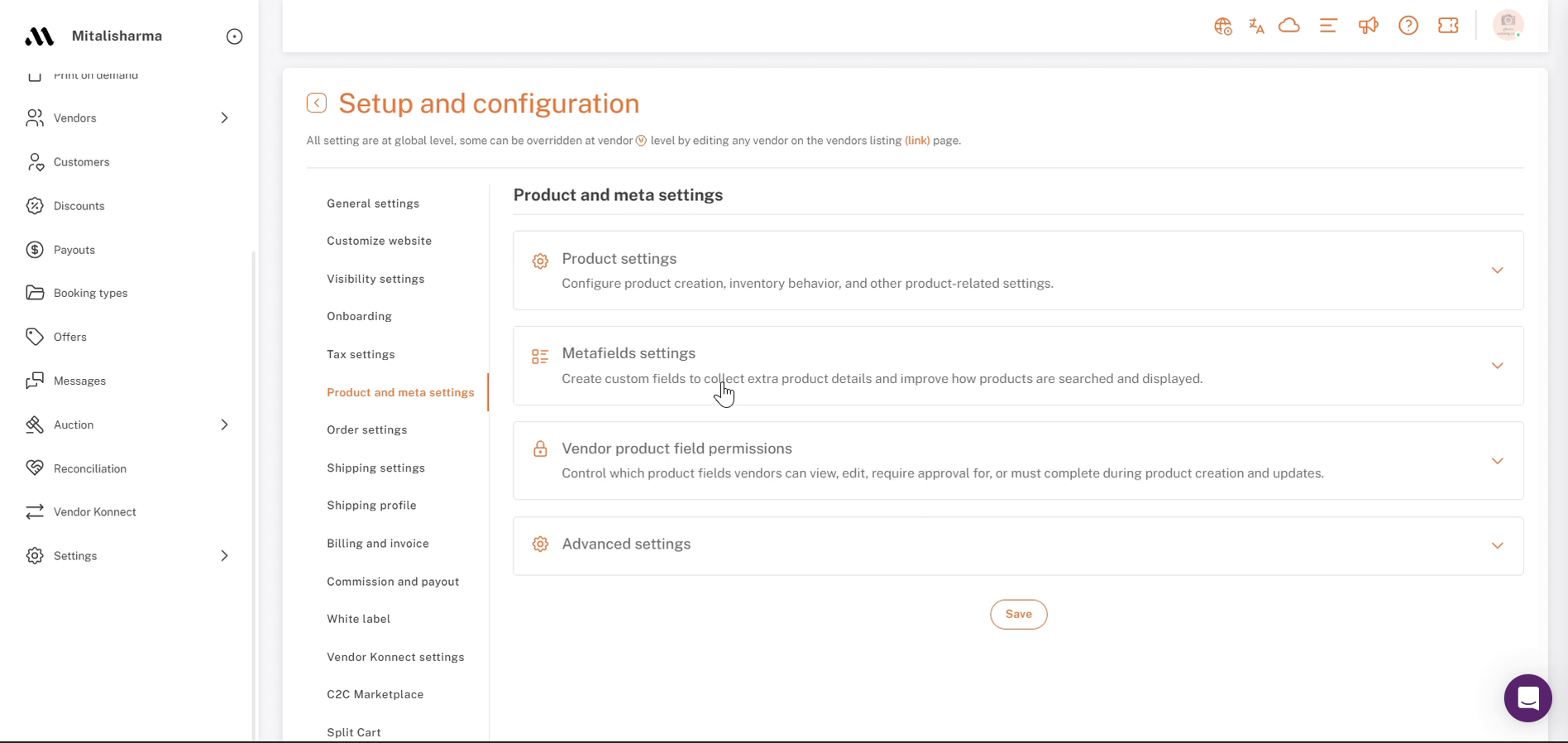 Settings → Product and meta settings: Metafields settings section