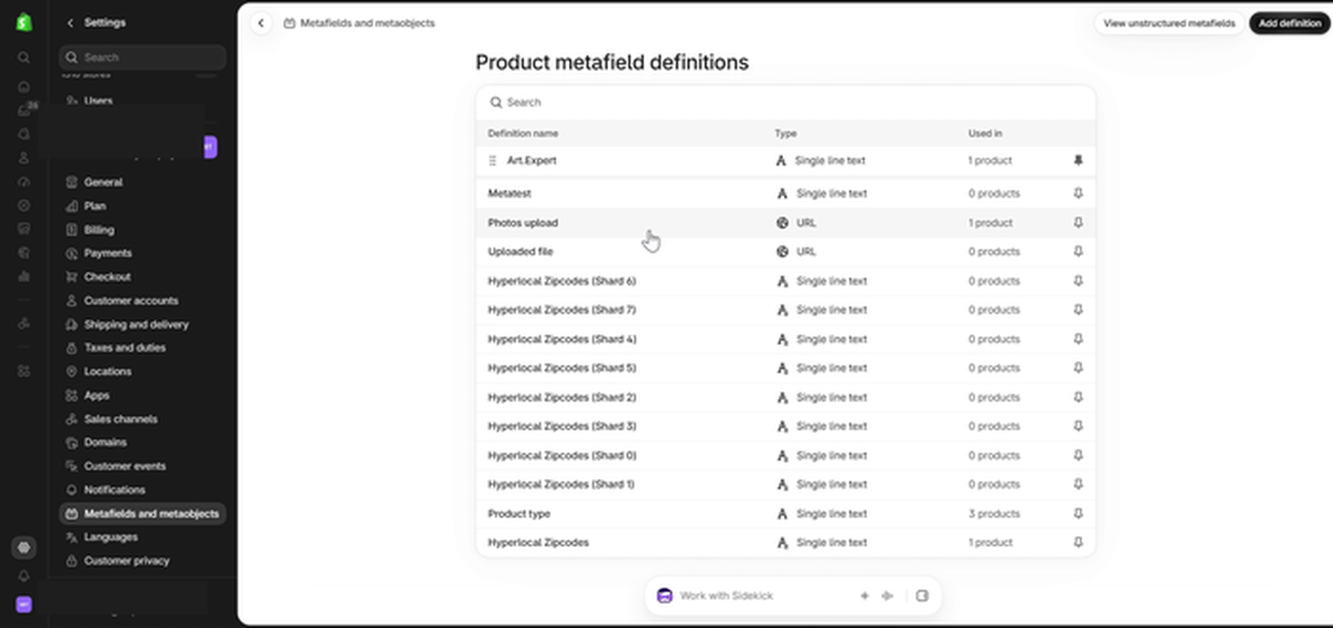 Shopify admin: Product metafield definitions